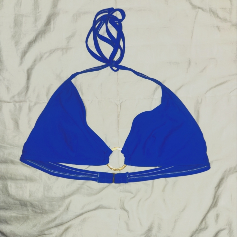Victoria's Secret Blue Triangle Halter Bikini Top with gold o ring accent